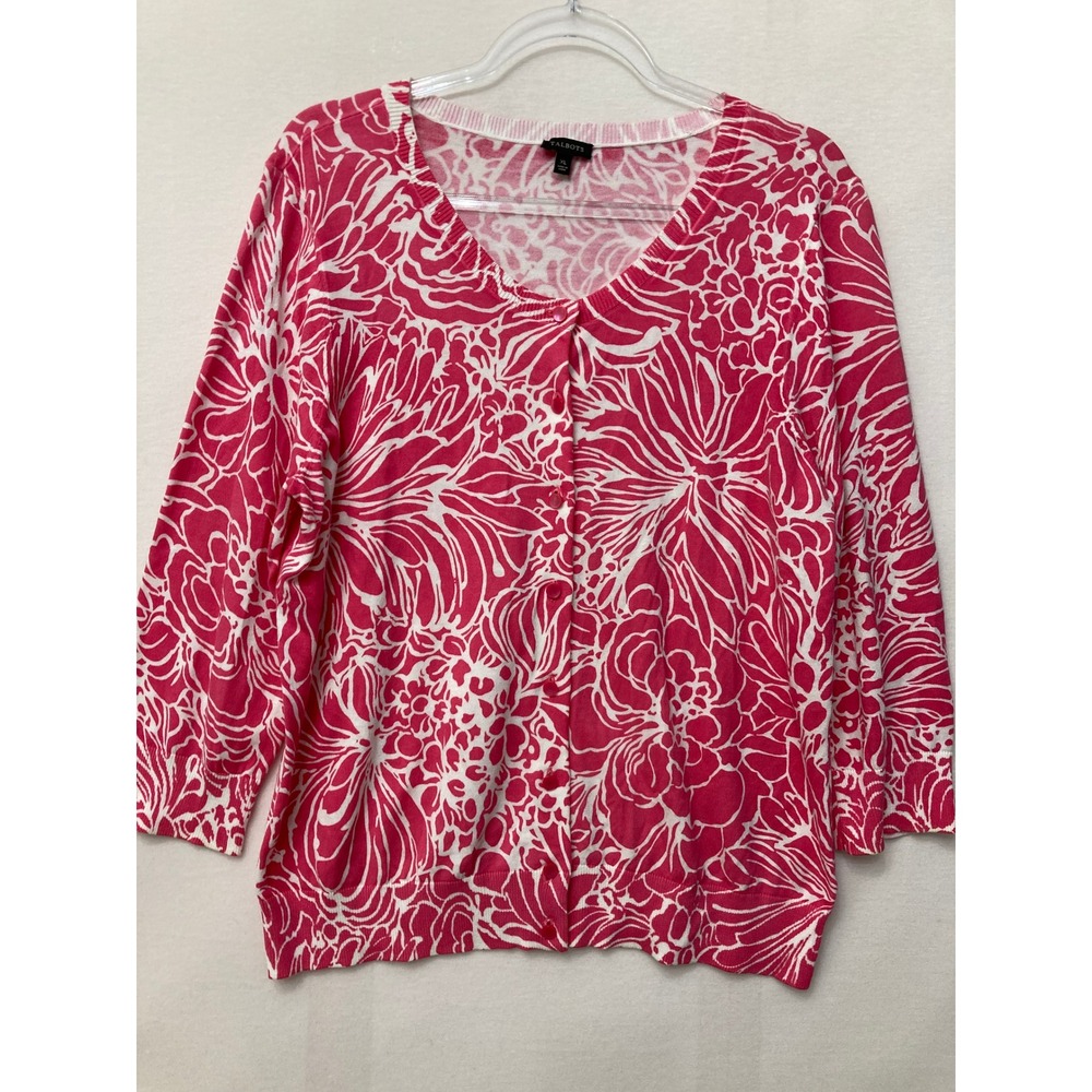Talbots Cardigan XL Pink Floral 3/4 Sleeve Cotton Rayon V-Neck Button Up Preppy